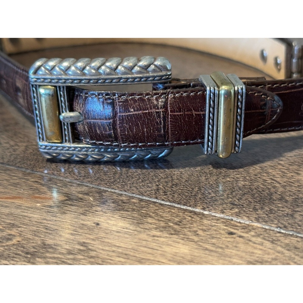 Brighton Women Brown Belt Size S 44209 Leather Silver &‎ Brass Toned Accents